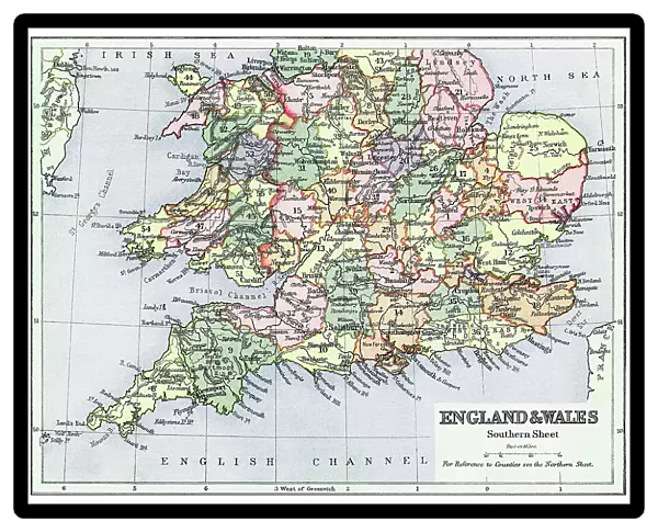 Old chromolithograph map of England and Wales (Southern sheet)