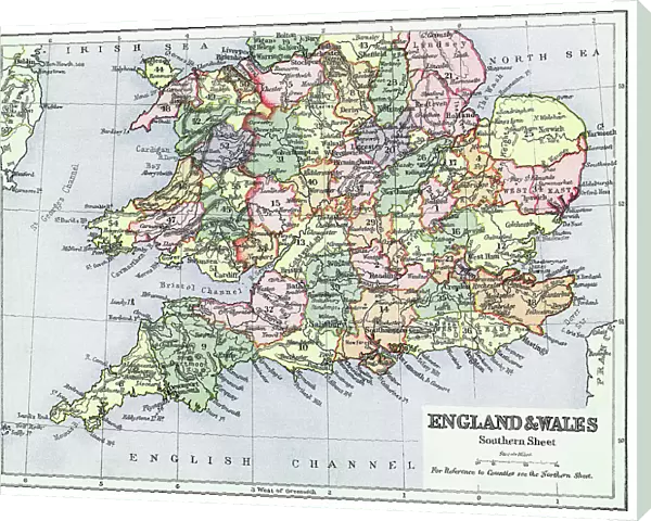 Old chromolithograph map of England and Wales (Southern sheet)