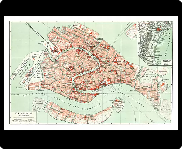 Old chromolithograph map of Venice, Italy