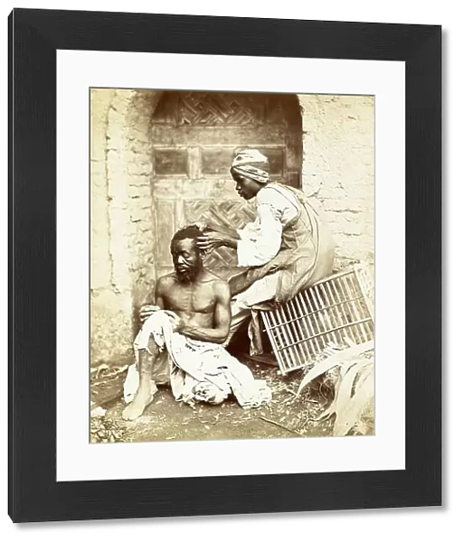 Hunting for Fleas, Man examining the hair of another for fleas and vermin, c. 1870, India, Historic, digitally restored reproduction from an original of the period