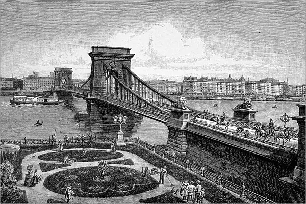 The Chain Bridge over the Danube, Budapest, Hungary, Historic, digitally improved reproduction of an original from the 19th century, digital reproduction of an original from the 19th century