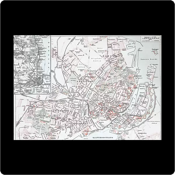 A Map of Historic Copenhagen, Denmark, Historic, Digitally restored reproduction of an original 19th century original