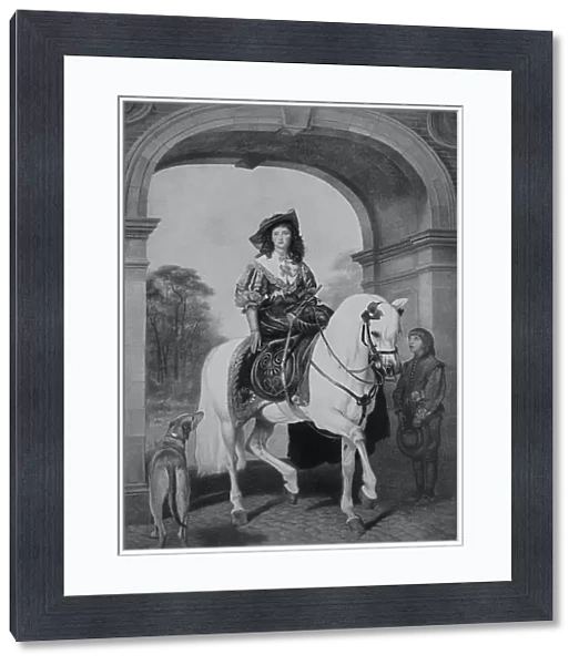 The Horsewoman, distinguished lady riding through the city gate in a lady's seat on a white horse, after a painting by J. E. Millais and Landseer, 1880, Germany, Historic, digital reproduction of a 19th century original, original date not known