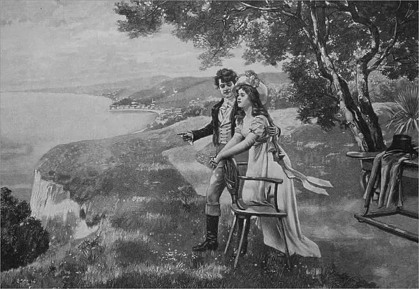 Summer retreat, young couple on the coast above the sea, in love, 1880, Germany, Historic, digital reproduction of an original 19th-century painting, original date not known