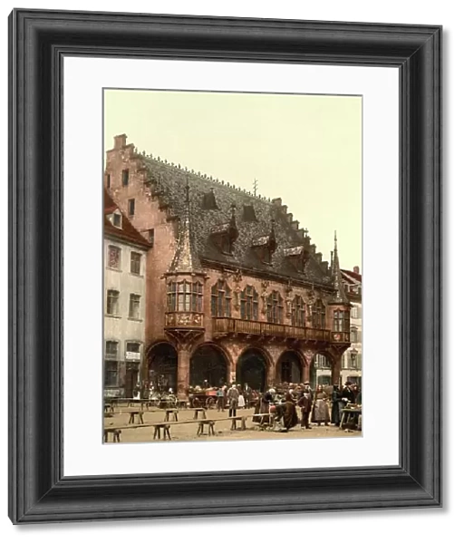 Town Hall and Market in Freiburg, Baden-Wuerttemberg, Germany, Historic, digitally restored reproduction of a photochrome print from the 1890s