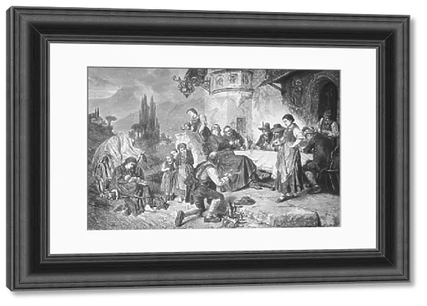Historical illustration of a travelling merchant with crosses, crucifixes, Lord God merchant offering the crucifixes to people sitting in front of an inn, Bavaria, Germany, Historical, digitally restored reproduction of a 19th century original