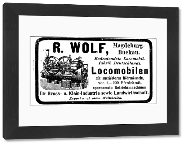 Advertisement of the Wolf company for locomobiles and farm machinery, 1890, Germany, Historic, digitally restored reproduction of an original from the 19th century, exact original date unknown