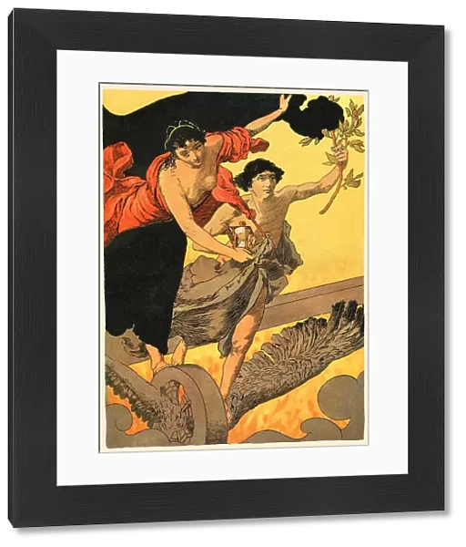 Couple flying near wheel with wings representing railroad technology art nouveau 1896
