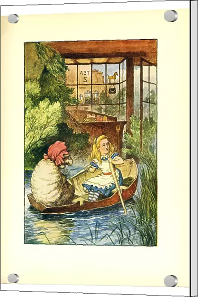 Alice and sheep rowing boat, illustration, (Alice's Adventures in Wonderland)