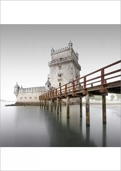 Minimalist long exposure in the square of the Torre de Belem on the river Tejo in Lisbon, Portugal