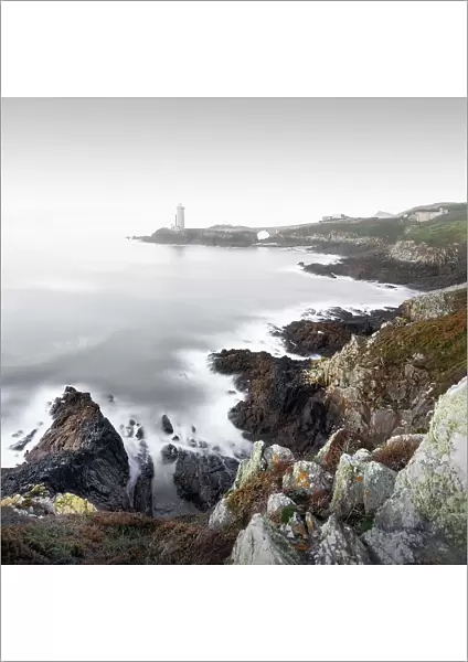 Long exposure of the Petit Minou lighthouse on the rugged coastline of Brittany, France