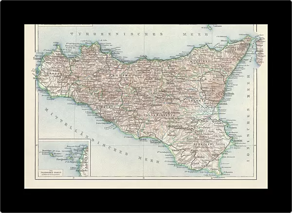Topographic map of Sicily, Italy, lithograph, published in 1897