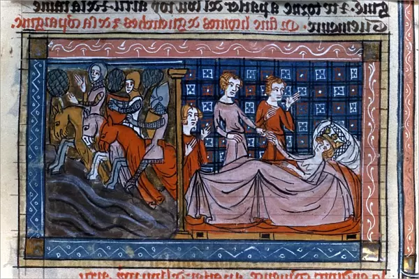 Guinevere gives Bohort a ring for Lancelot 14th century
