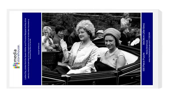Ladies Day, smiles from the Queen Mother and Princess Margaret as they drive