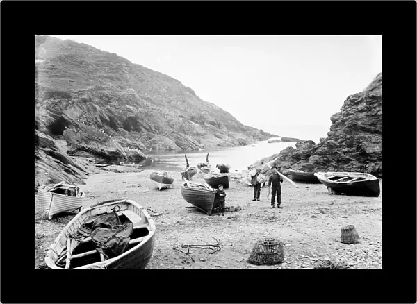 Fishermen and boats on the beach at Portloe, Veryan, Cornwall. 3rd July 1912
