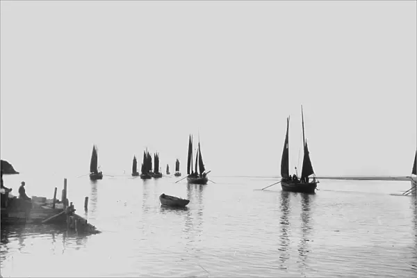 Fishing fleet in the Hayle Estuary, Lelant, Cornwall. Early 1900s
