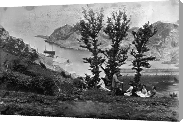 Picnic party on Cliffs, Polperro, Cornwall. Probably early 1860s