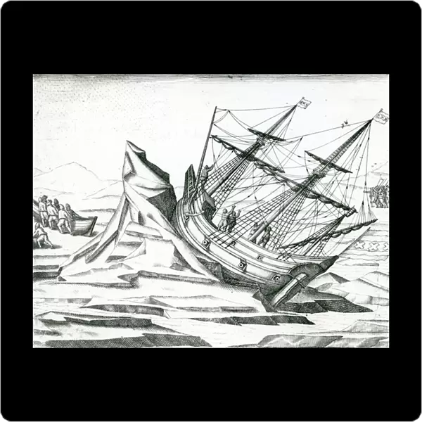 Sailing ship stranded on Iceberg, Illustration from India Orientalis 1598