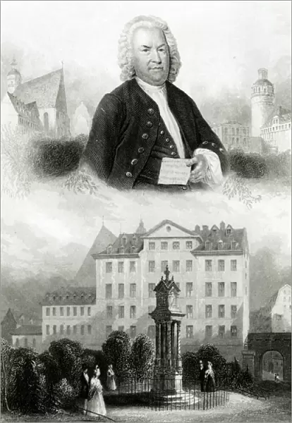 Portrait of Johann Sebastian Bach (1685-1750) and Monument, 1850 (engraving)