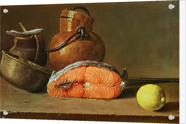 Still Life with a Piece of Salmon, a Lemon and Kitchen Utensils (oil on canvas)