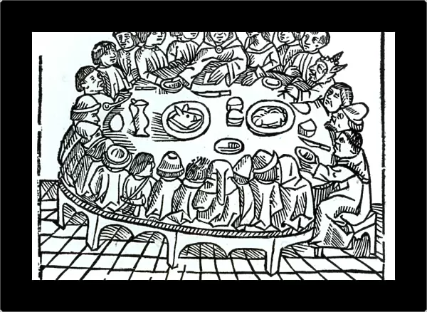 The Canterbury Pilgrims sitting down for a shared meal, illustration from Geoffrey Chaucers (c