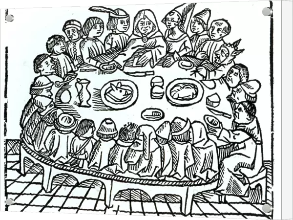 The Canterbury Pilgrims sitting down for a shared meal, illustration from Geoffrey Chaucers (c