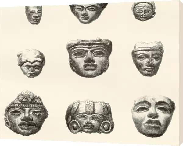 Stone heads and masks found at Teotihuacan, Mexico by Desire Charnay during his expedition