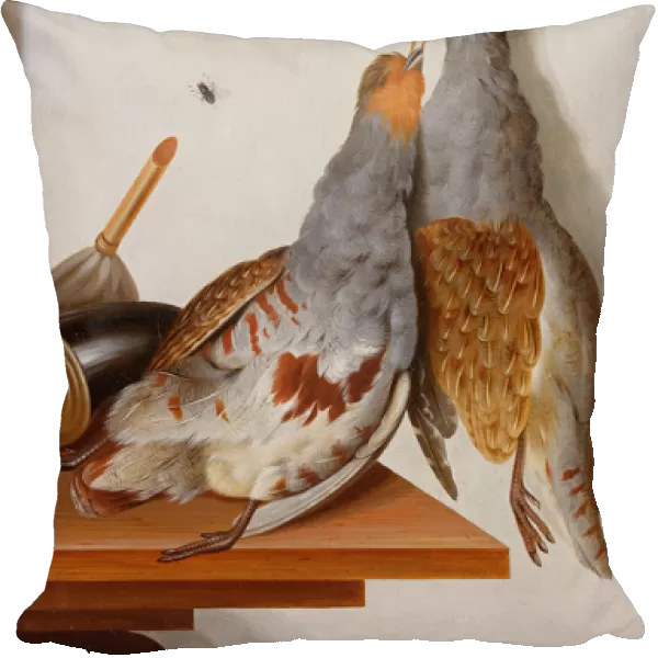 Trompe l Oeil of Two Partridges Hanging from a Nail (oil on canvas)