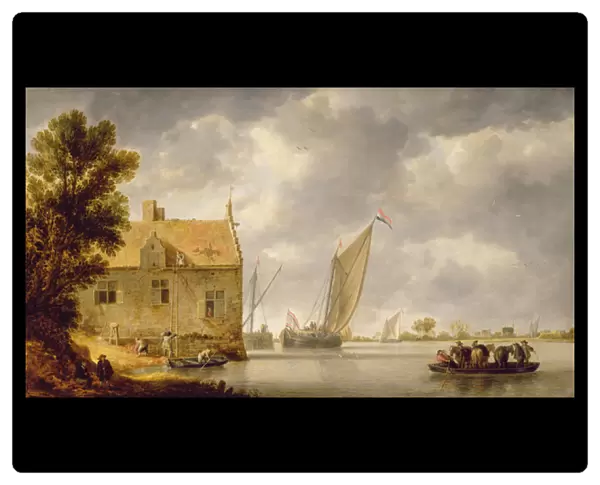 Builders Repairing a House by a River (oil on panel)