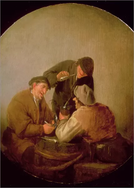 Three Peasants Drinking and Smoking in an Interior (oil on canvas)