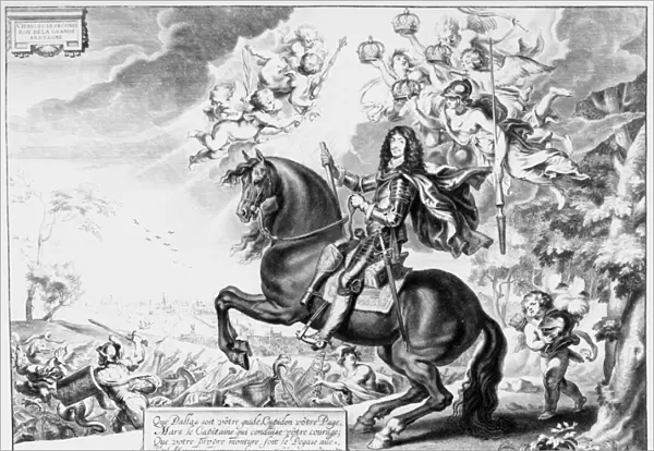 Equestrian Portrait of Charles II (1630-85) with Gods (engraving) (b  /  w photo)