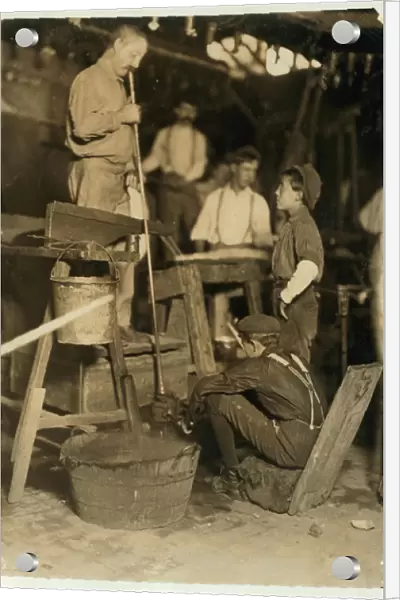 Blower and mould boy at Seneca Glass Works, Morgantown, West Virginia, 1908 (b  /  w photo)