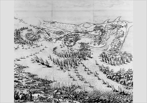 The Siege of the Citadel of Saint-Martin-de-Re in 1627, 1628-31 (engraving) (b  /  w photo)