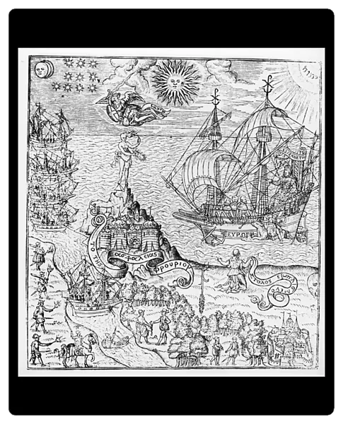 Queen Elizabeth I (1553-1603) on Board a Ship (engraving) (b  /  w photo)