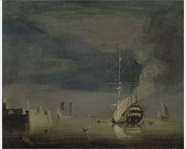 A Two-Decker on Fire at Night off a Fort, c. 1740 (oil on canvas)