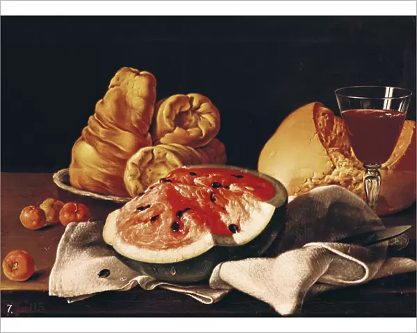 Glass of Wine, Watermelon and Bread (oil on canvas)