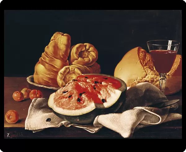Glass of Wine, Watermelon and Bread (oil on canvas)