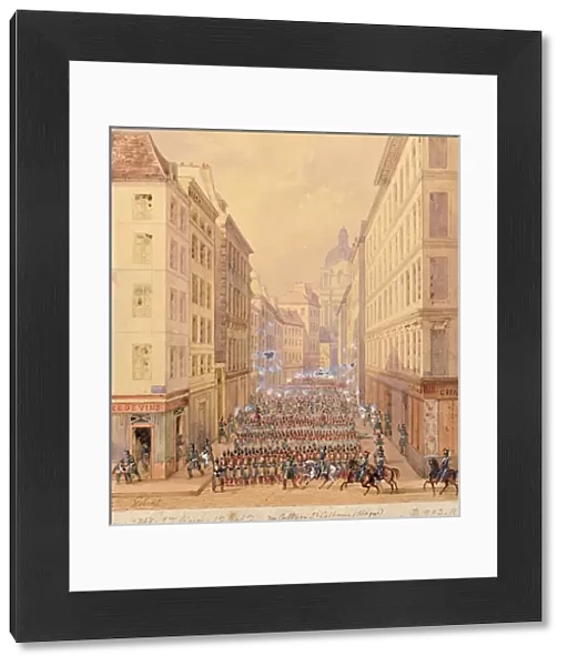 March of the First Battalion, Rue Culture Sainte-Catherine, 1st February 1848 (gouache