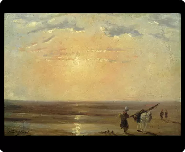 The Beach at Trouville with Setting Sun (oil on panel)