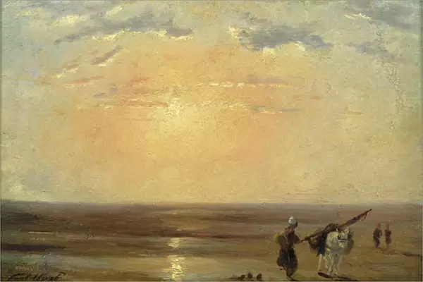 The Beach at Trouville with Setting Sun (oil on panel)