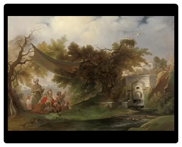 Indian Landscape with Figures near a Stream (oil on canvas)