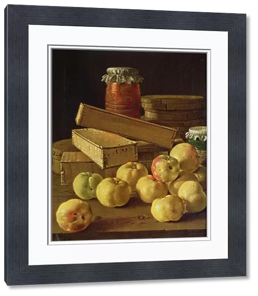 Still life with apples, pots of jam and boxes of cake (oil on canvas)