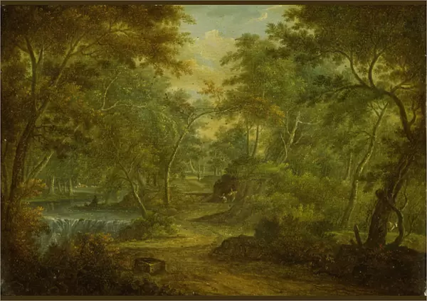 A Wooded Landscape with a Stream and a Fisherman (oil on copper)