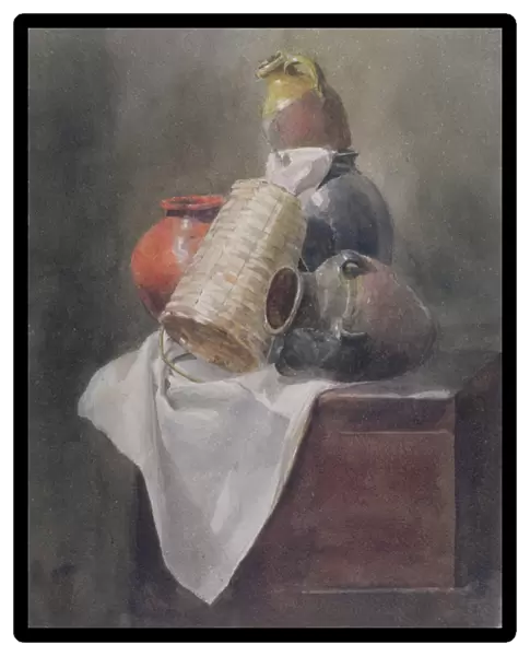 Still Life: Pots, Basket and Cloth on a Chest (w  /  c over graphite on paper)