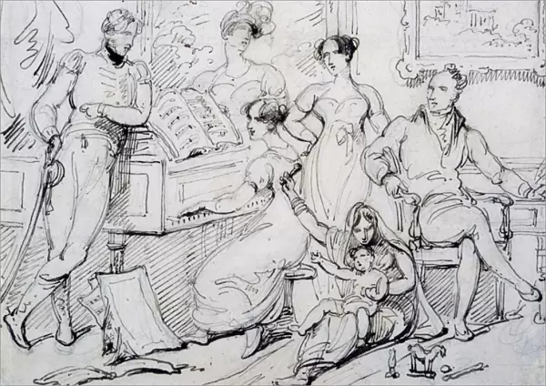 A Family Group Around a Piano (pen & brown ink with graphite on paper)