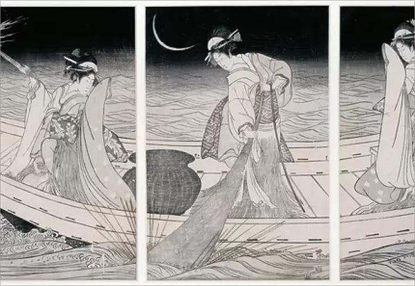 Three women on a boat fishing by lamplight (woodblock print)