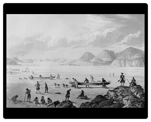 Franklins expedition passing through Point Lake, 1821 (engraving)