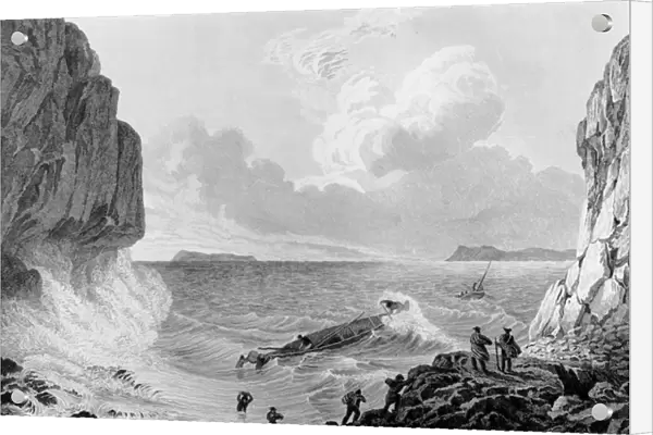 Franklins expedition landing in a storm, 1821 (engraving)