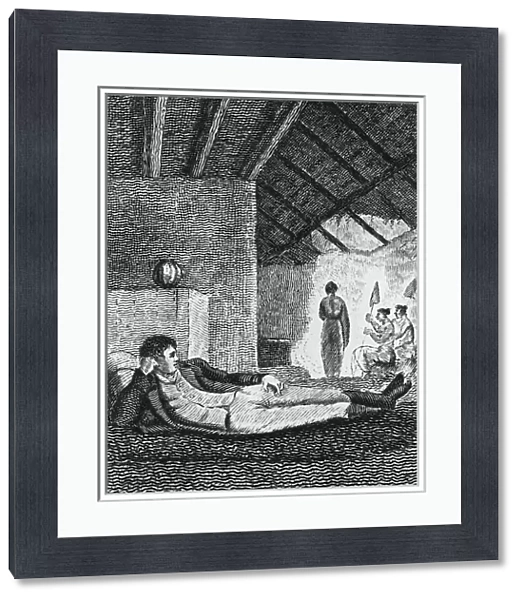 Park resting in a native hut during his travels, 1816 (engraving)