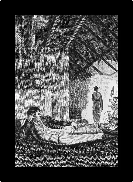 Park resting in a native hut during his travels, 1816 (engraving)
